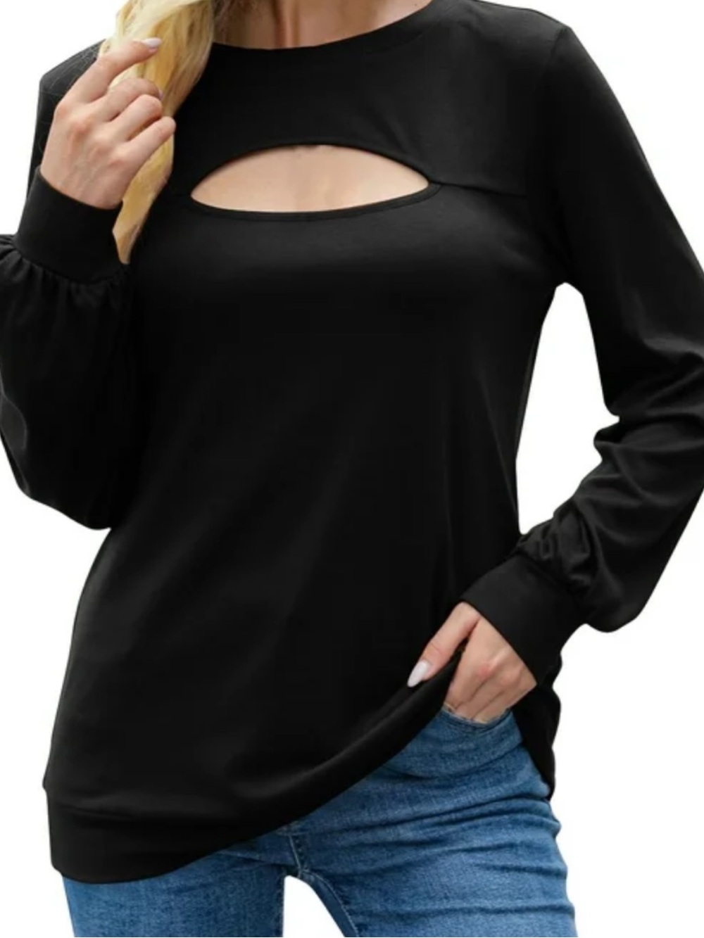 Bar III Black Long Sleeve Top with Keyhole Chest Detail